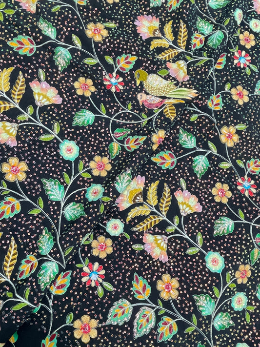Fascinating Adorable Multi Color Floral Thread Embroidery With Shiny Sequin Work On Crepe Fabric