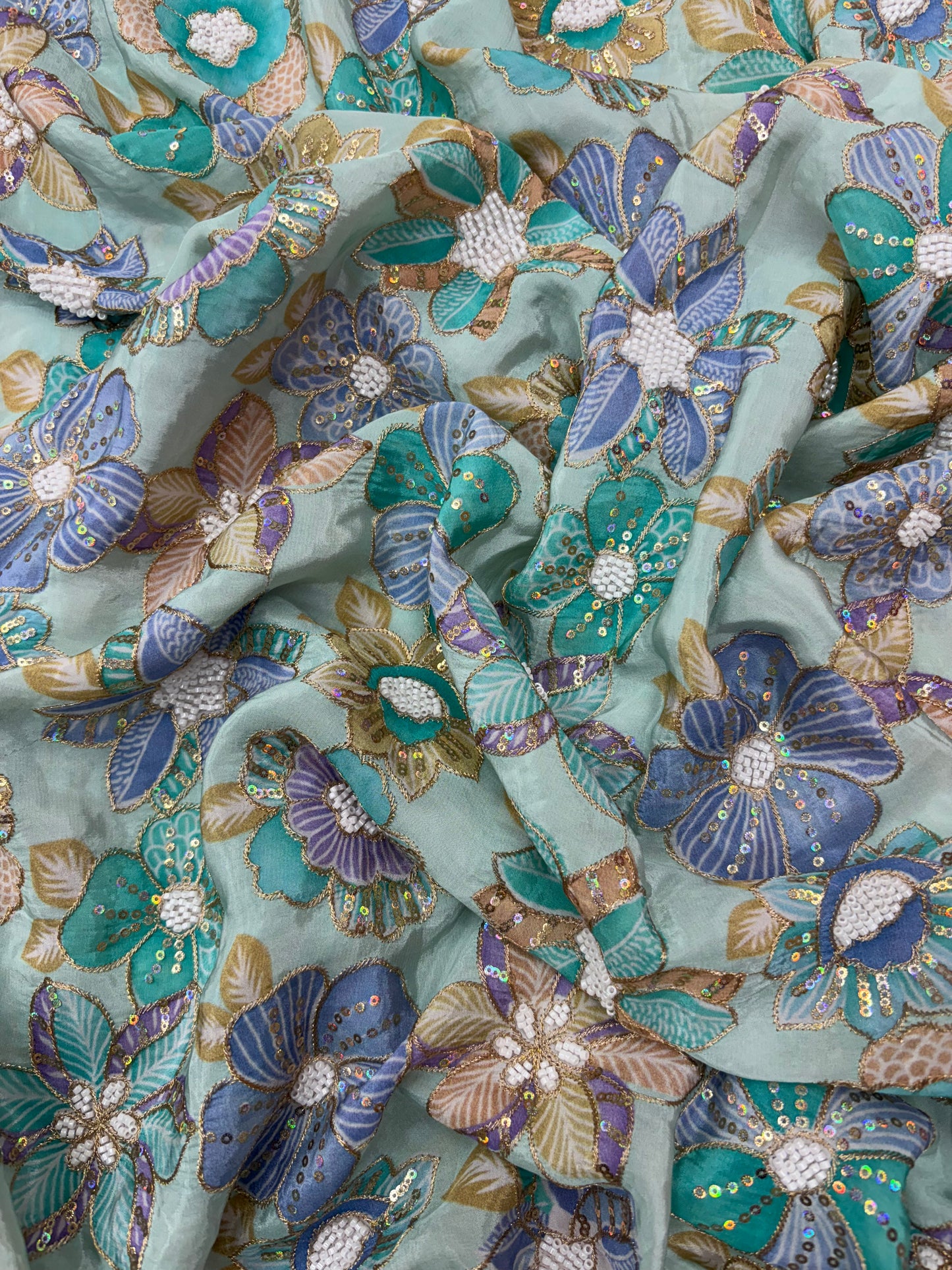 Very Luxurious Floral Print Embroidery With Sequins  On Crepe Tissue Fabric