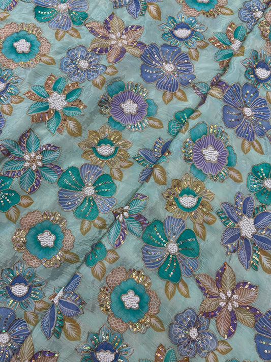 Very Luxurious Floral Print Embroidery With Sequins  On Crepe Tissue Fabric