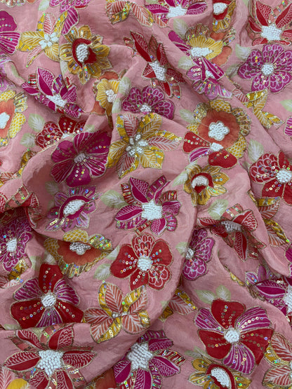 Very Luxurious Floral Print Embroidery With Sequins  On Crepe Tissue Fabric