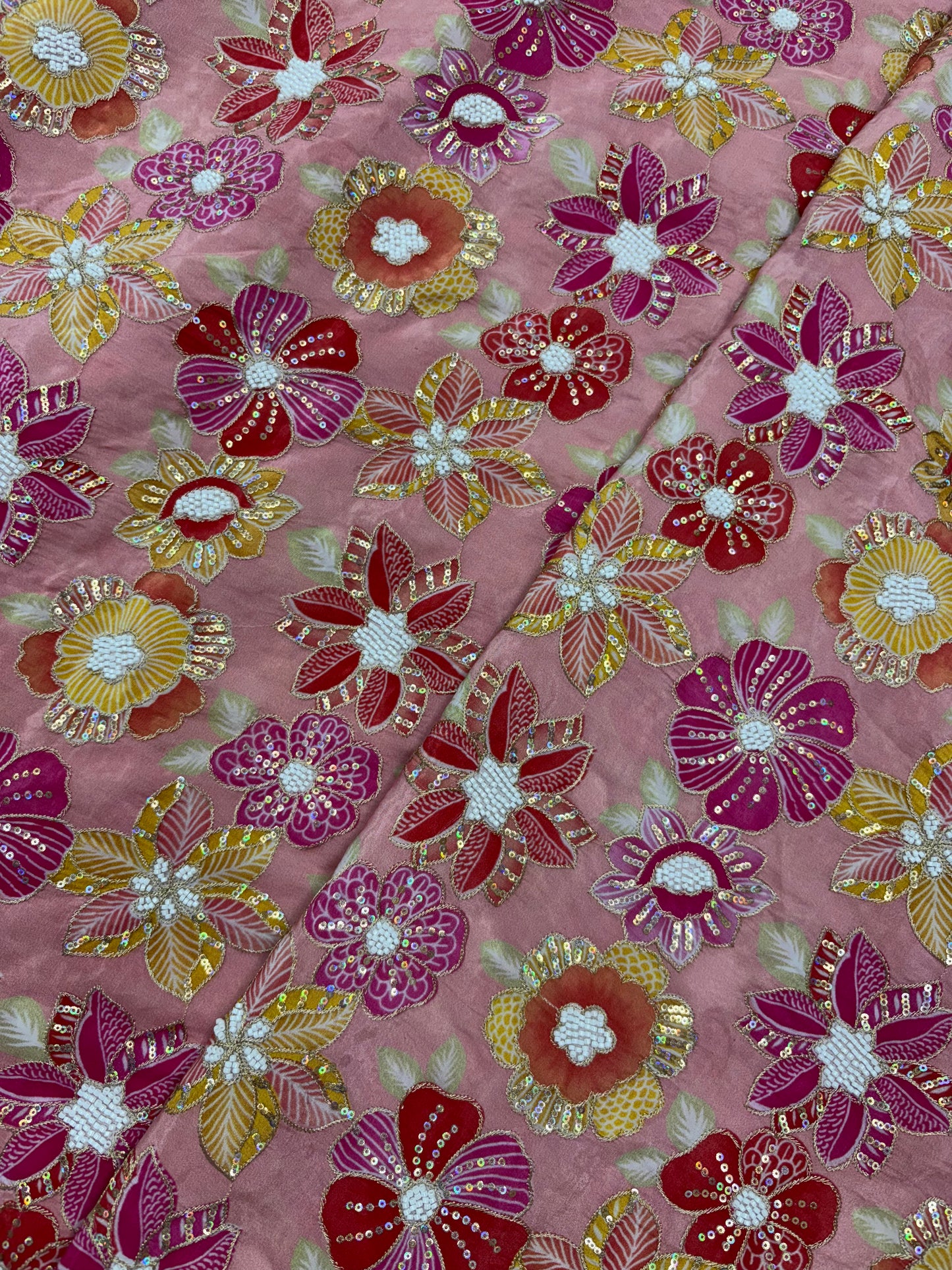 Very Luxurious Floral Print Embroidery With Sequins  On Crepe Tissue Fabric