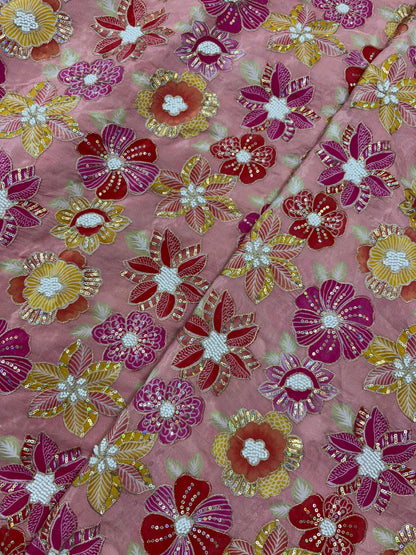 Very Luxurious Floral Print Embroidery With Sequins  On Crepe Tissue Fabric