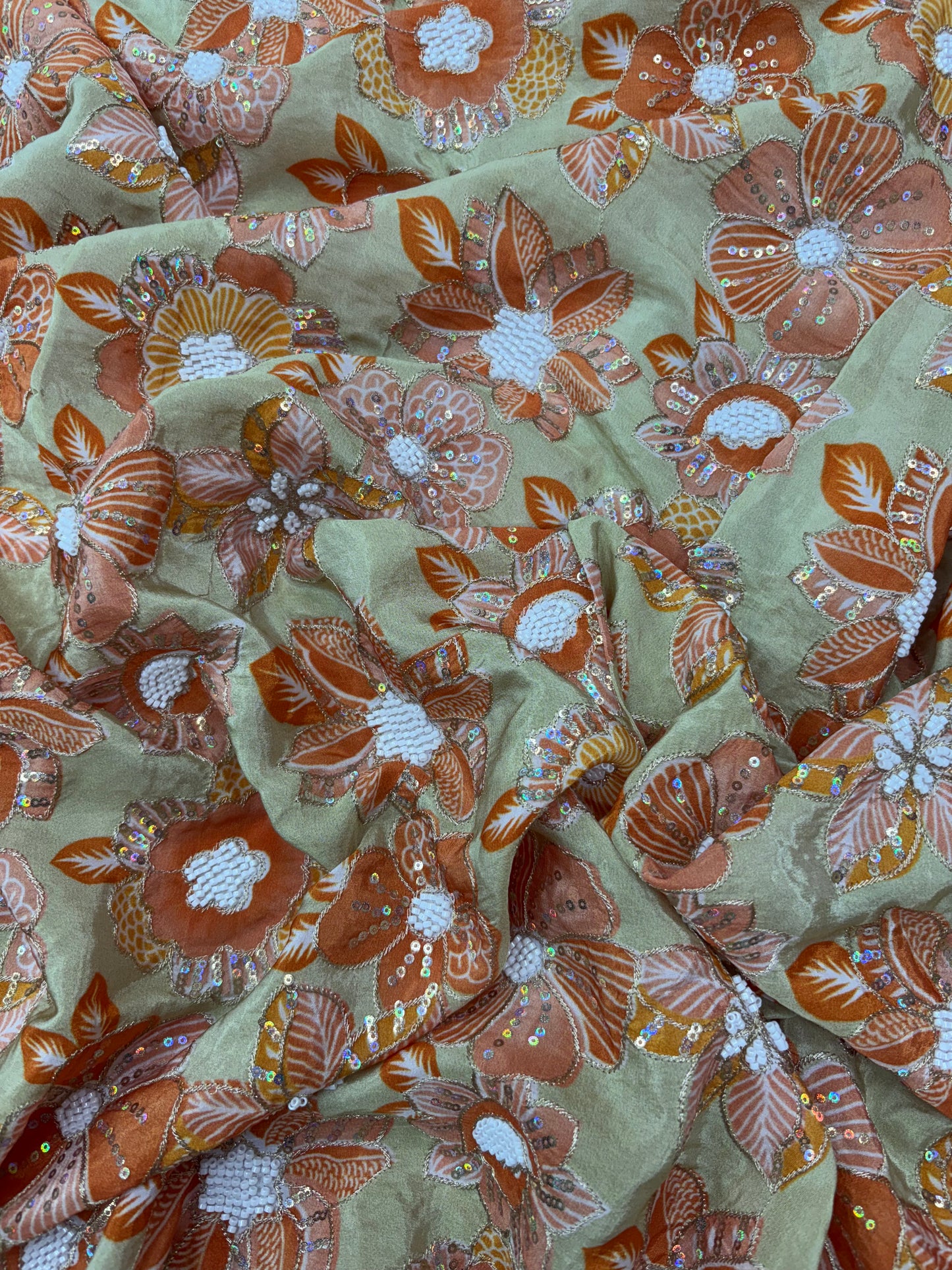 Very Luxurious Floral Print Embroidery With Sequins  On Crepe Tissue Fabric