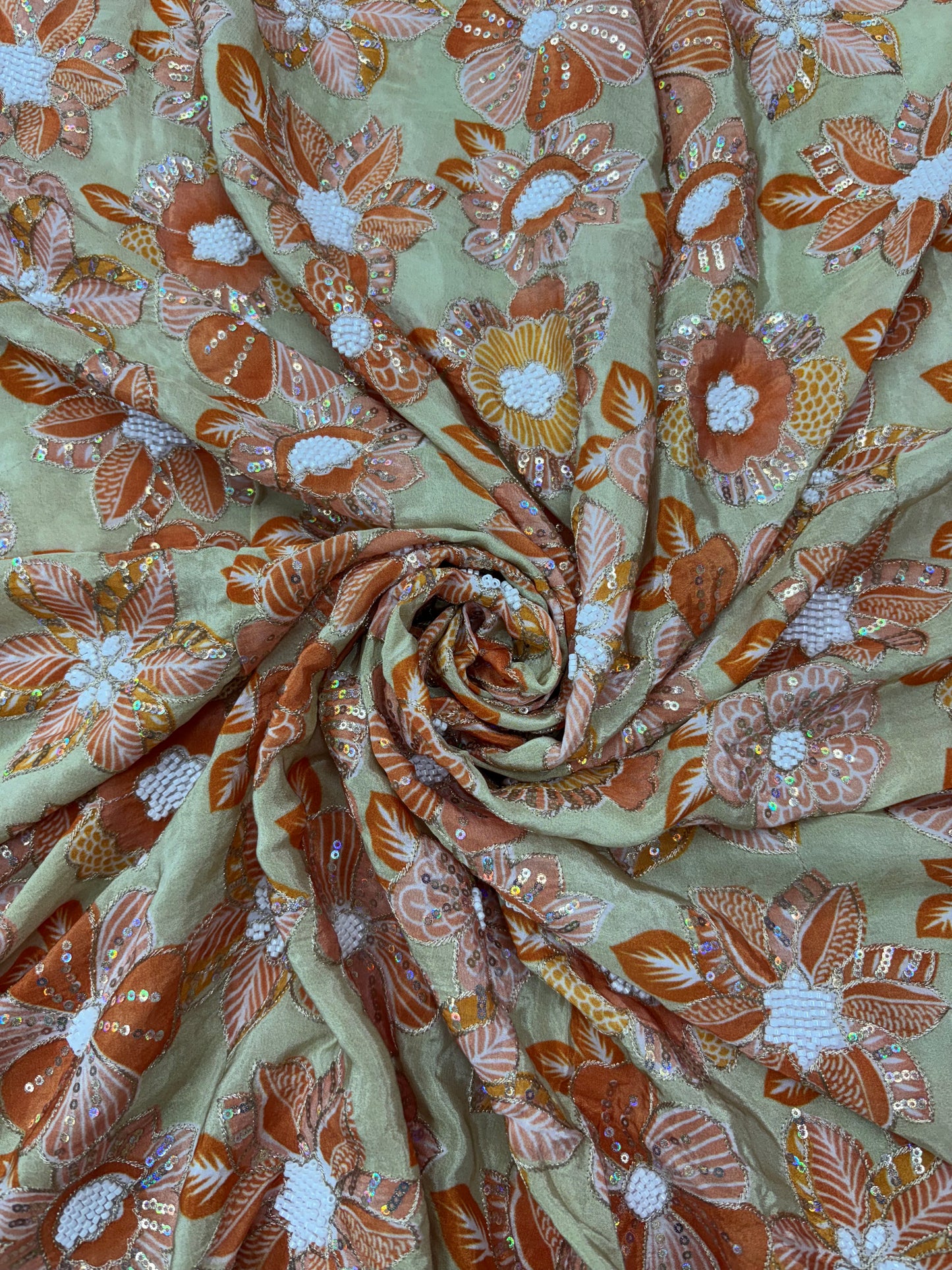 Very Luxurious Floral Print Embroidery With Sequins  On Crepe Tissue Fabric