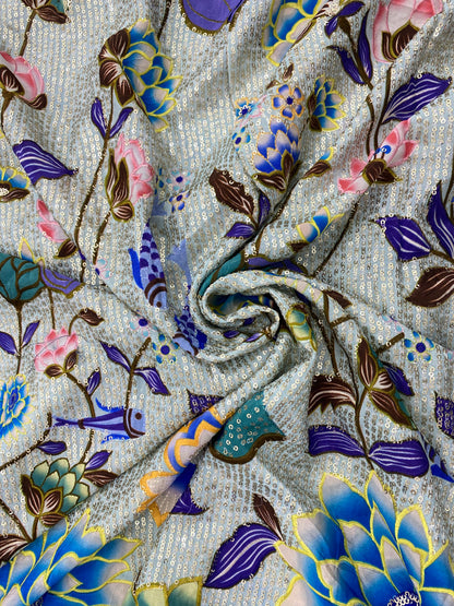 Pretty Fancy Elegant Marvelous Multicolor Floral Print With Heavy Sequin Work On Crepe Fabric