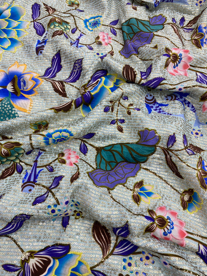 Pretty Fancy Elegant Marvelous Multicolor Floral Print With Heavy Sequin Work On Crepe Fabric