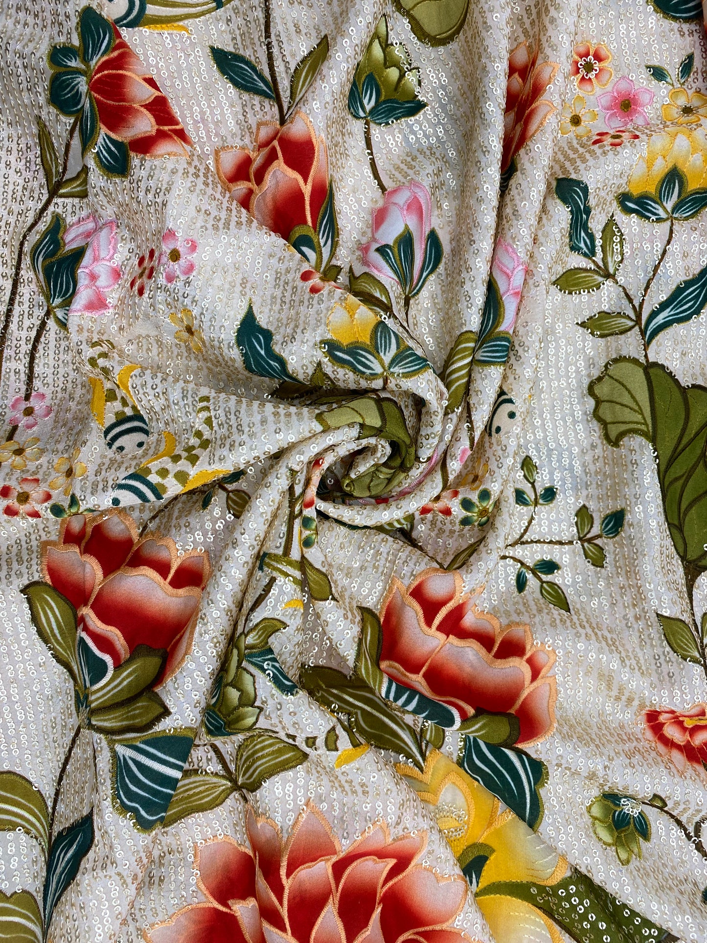 Pretty Fancy Elegant Marvelous Multicolor Floral Print With Heavy Sequin Work On Crepe Fabric