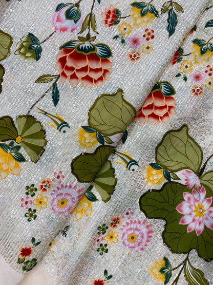 Pretty Fancy Elegant Marvelous Multicolor Floral Print With Heavy Sequin Work On Crepe Fabric