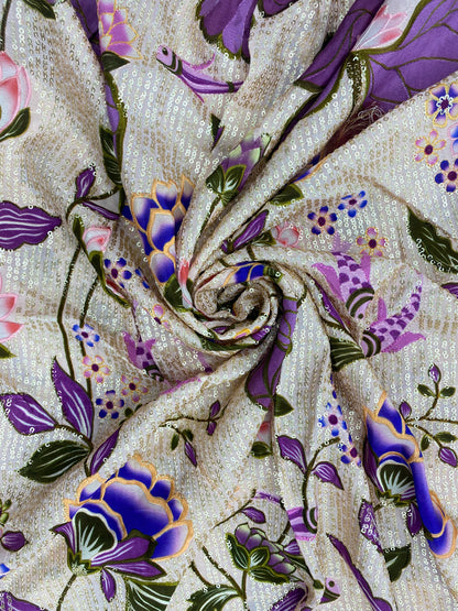 Pretty Fancy Elegant Marvelous Multicolor Floral Print With Heavy Sequin Work On Crepe Fabric