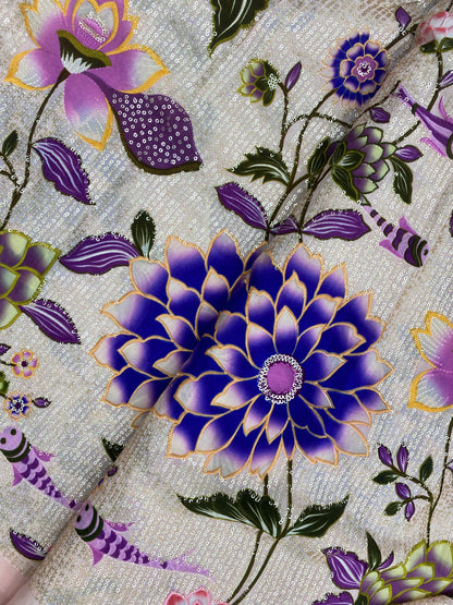 Pretty Fancy Elegant Marvelous Multicolor Floral Print With Heavy Sequin Work On Crepe Fabric