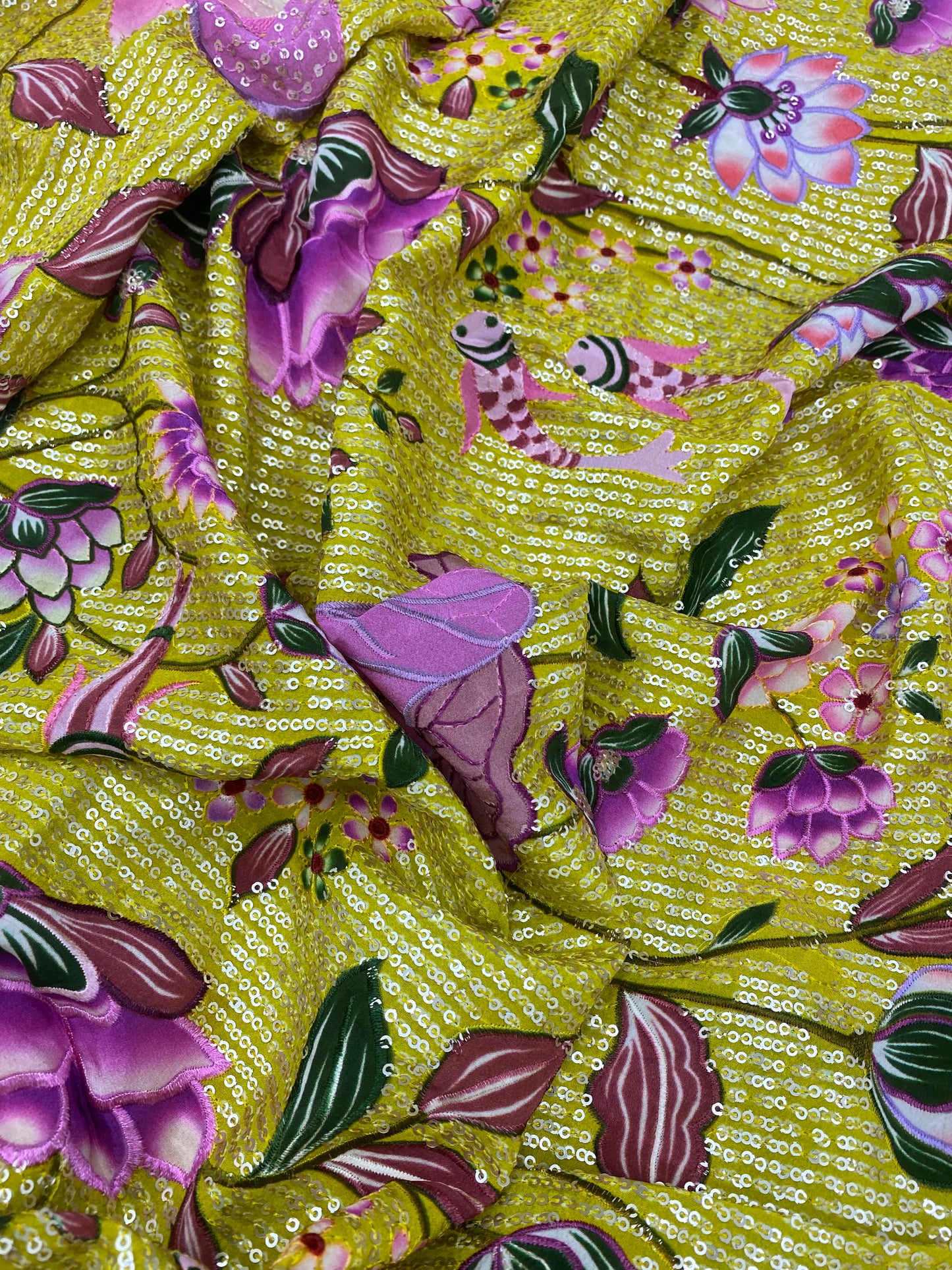 Pretty Fancy Elegant Marvelous Multicolor Floral Print With Heavy Sequin Work On Crepe Fabric