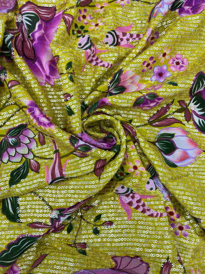 Pretty Fancy Elegant Marvelous Multicolor Floral Print With Heavy Sequin Work On Crepe Fabric