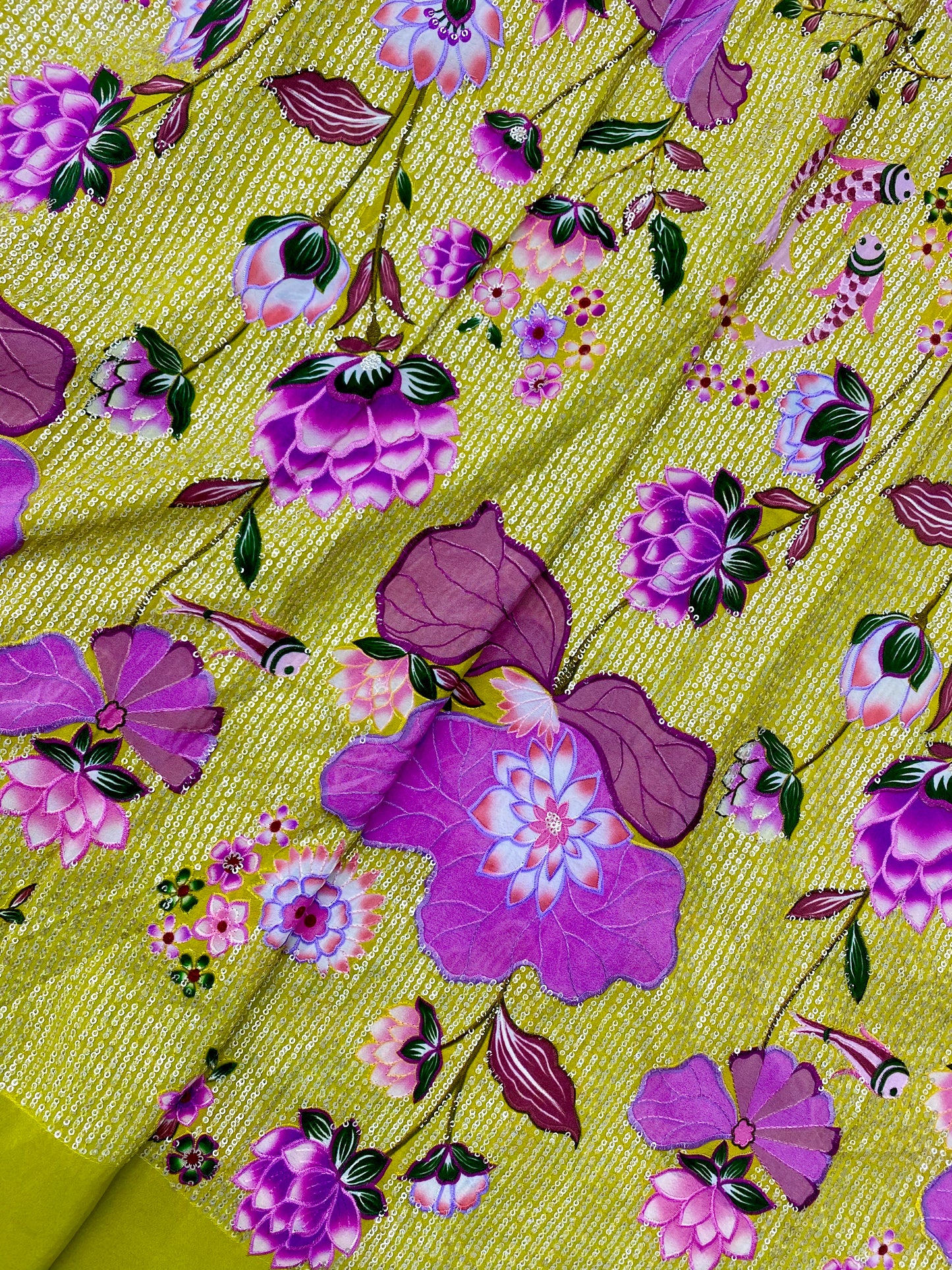 Pretty Fancy Elegant Marvelous Multicolor Floral Print With Heavy Sequin Work On Crepe Fabric