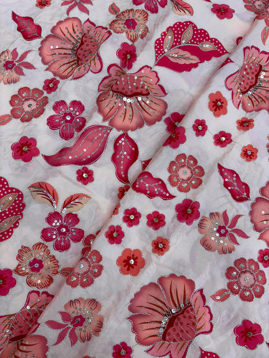 Pretty Fancy Floral Embroidery With Position Print On Crepe Fabric