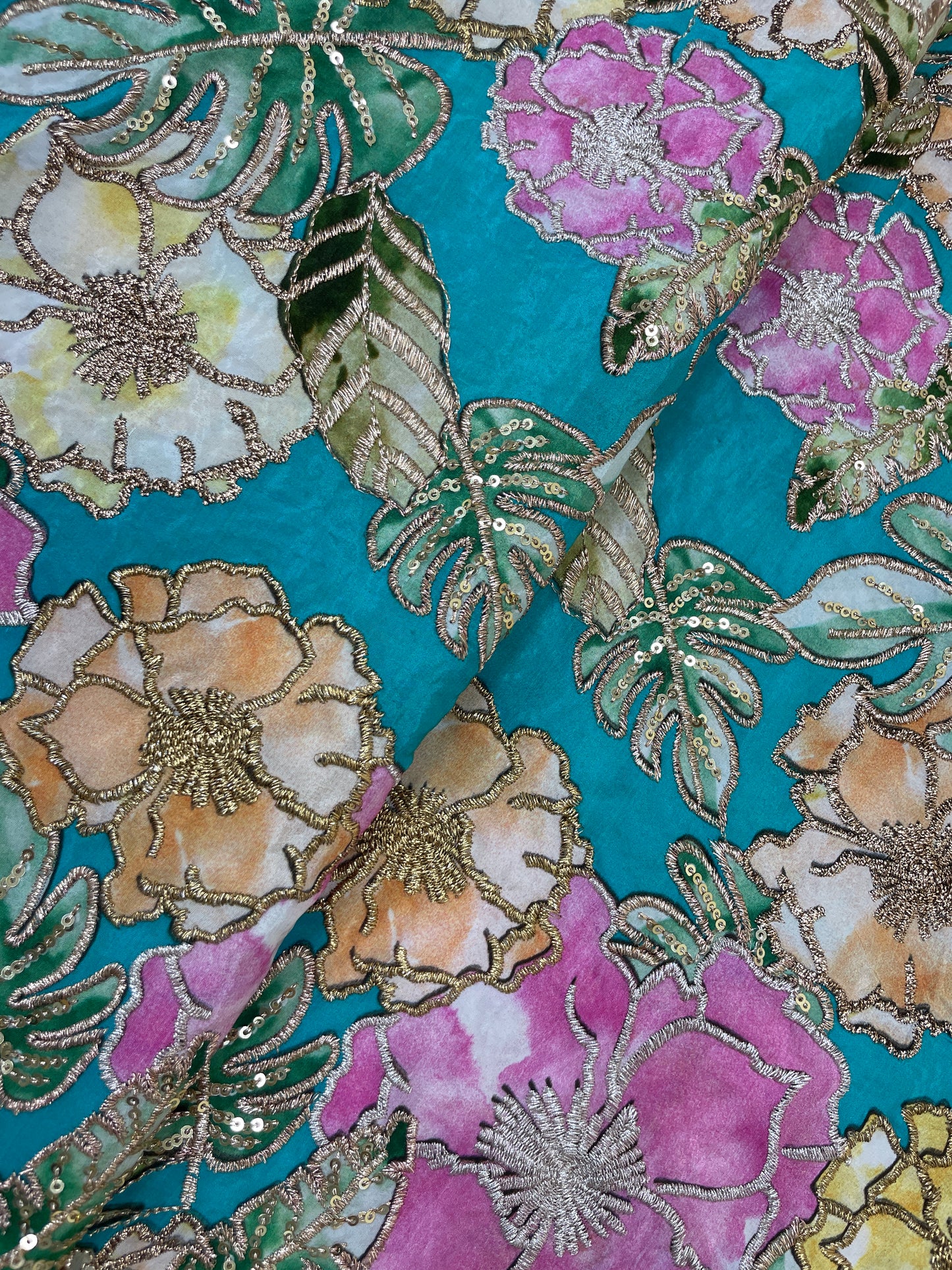 Fancy Elegant Floral Print Position Embroidery On Crepe Fabric