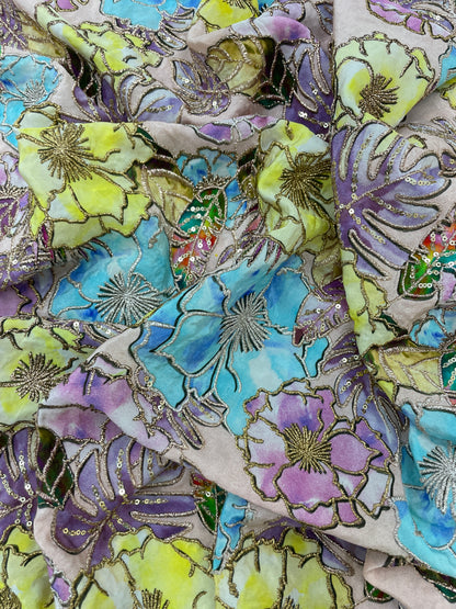 Fancy Elegant Floral Print Position Embroidery On Crepe Fabric