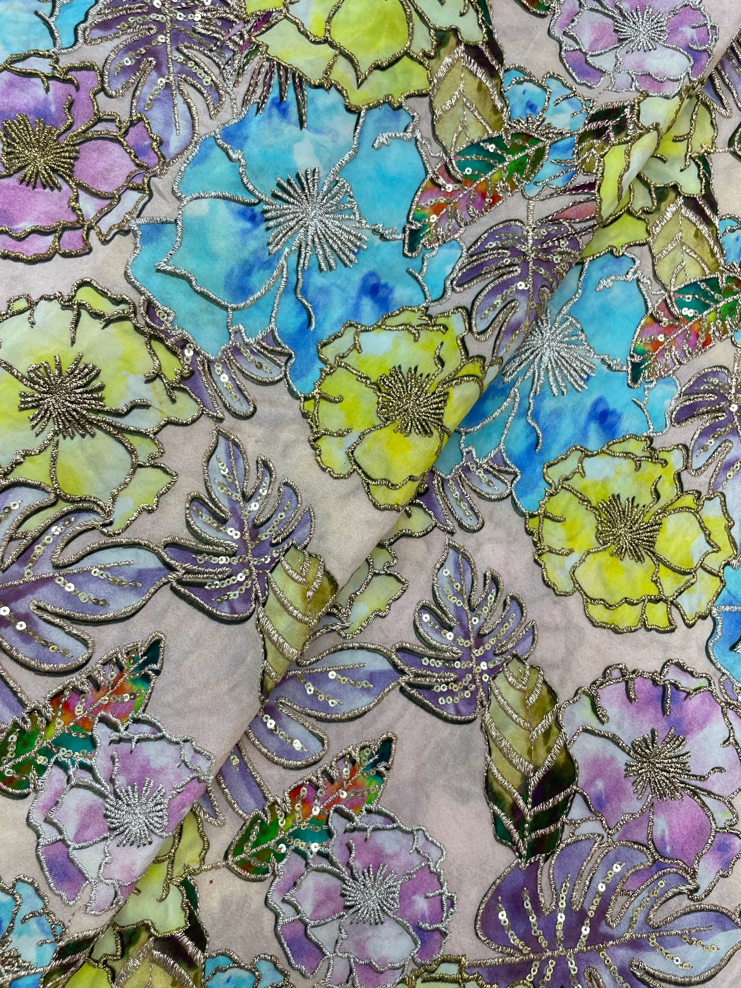 Fancy Elegant Floral Print Position Embroidery On Crepe Fabric