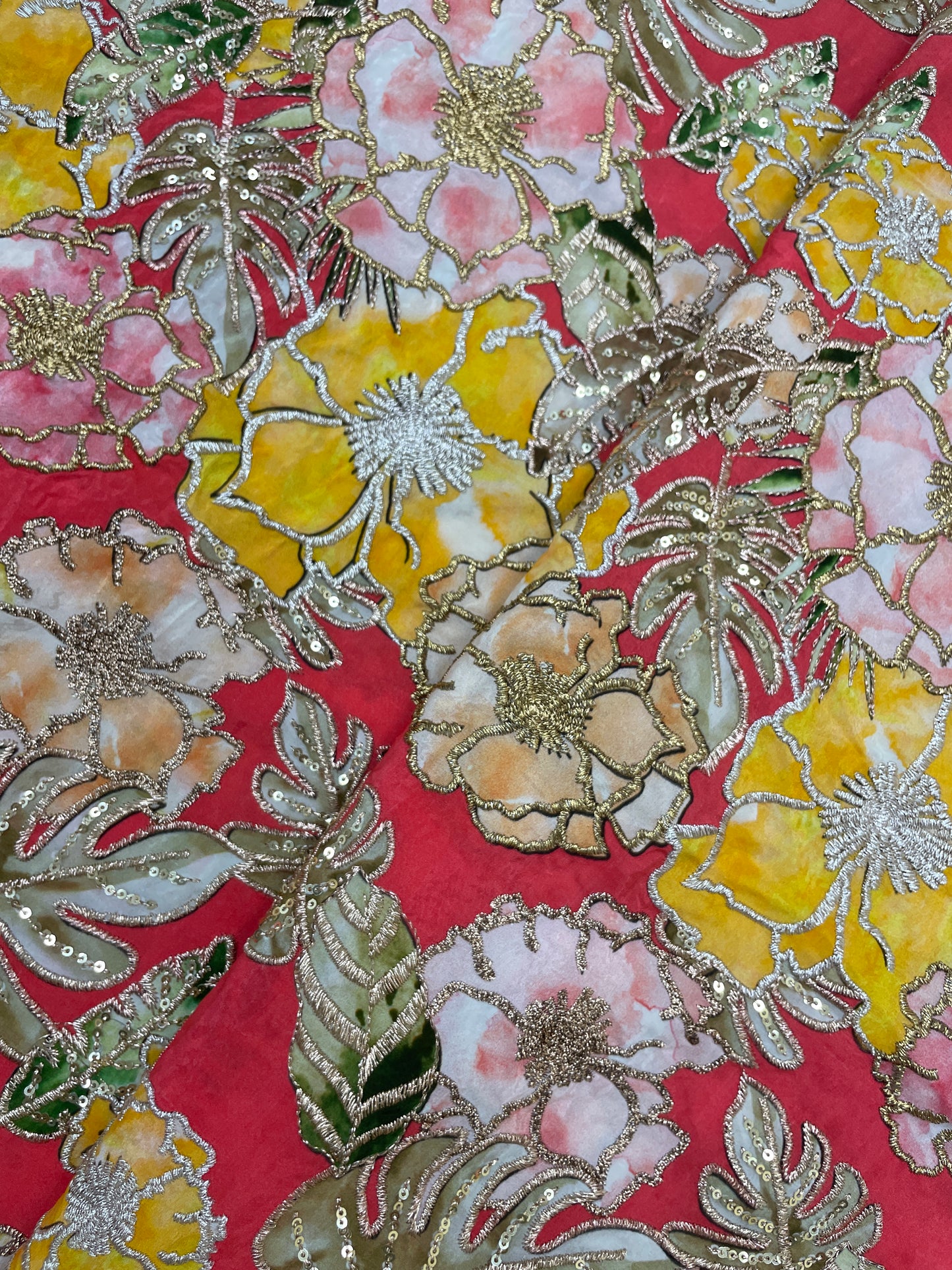 Fancy Elegant Floral Print Position Embroidery On Crepe Fabric