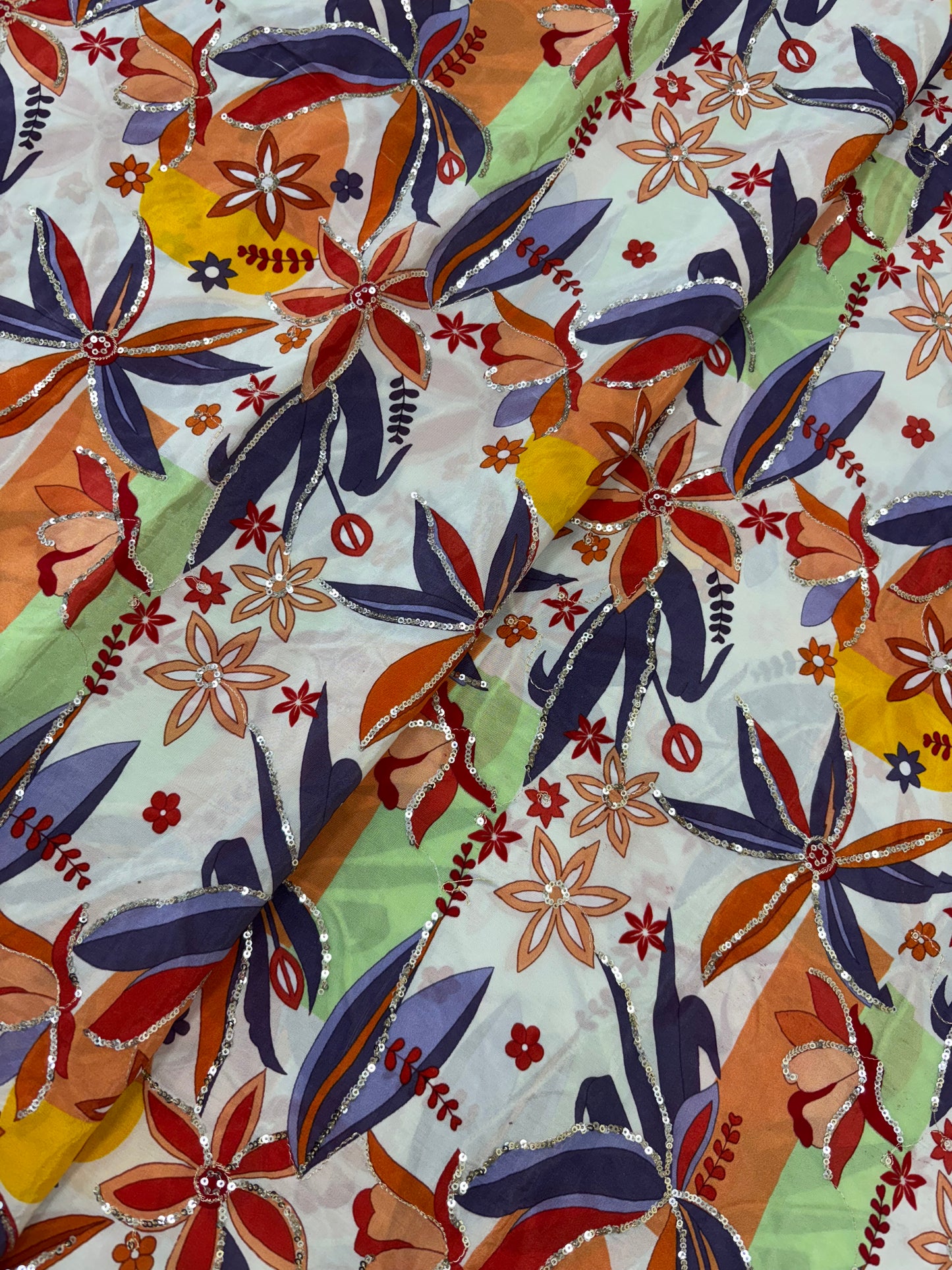 Pleasing Pretty Multi Color Floral Print With Zari Work On Crepe Fabric