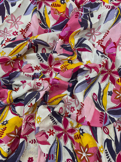 Pleasing Pretty Multi Color Floral Print With Zari Work On Crepe Fabric