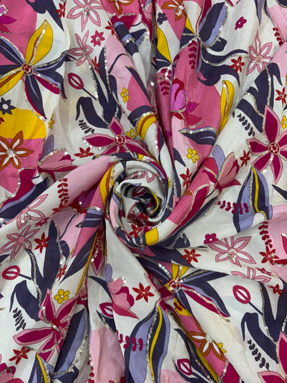 Pleasing Pretty Multi Color Floral Print With Zari Work On Crepe Fabric