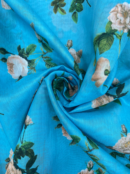 Beautiful Attractive Floral Print On Vibrant Blue Color Chanderi Fabric