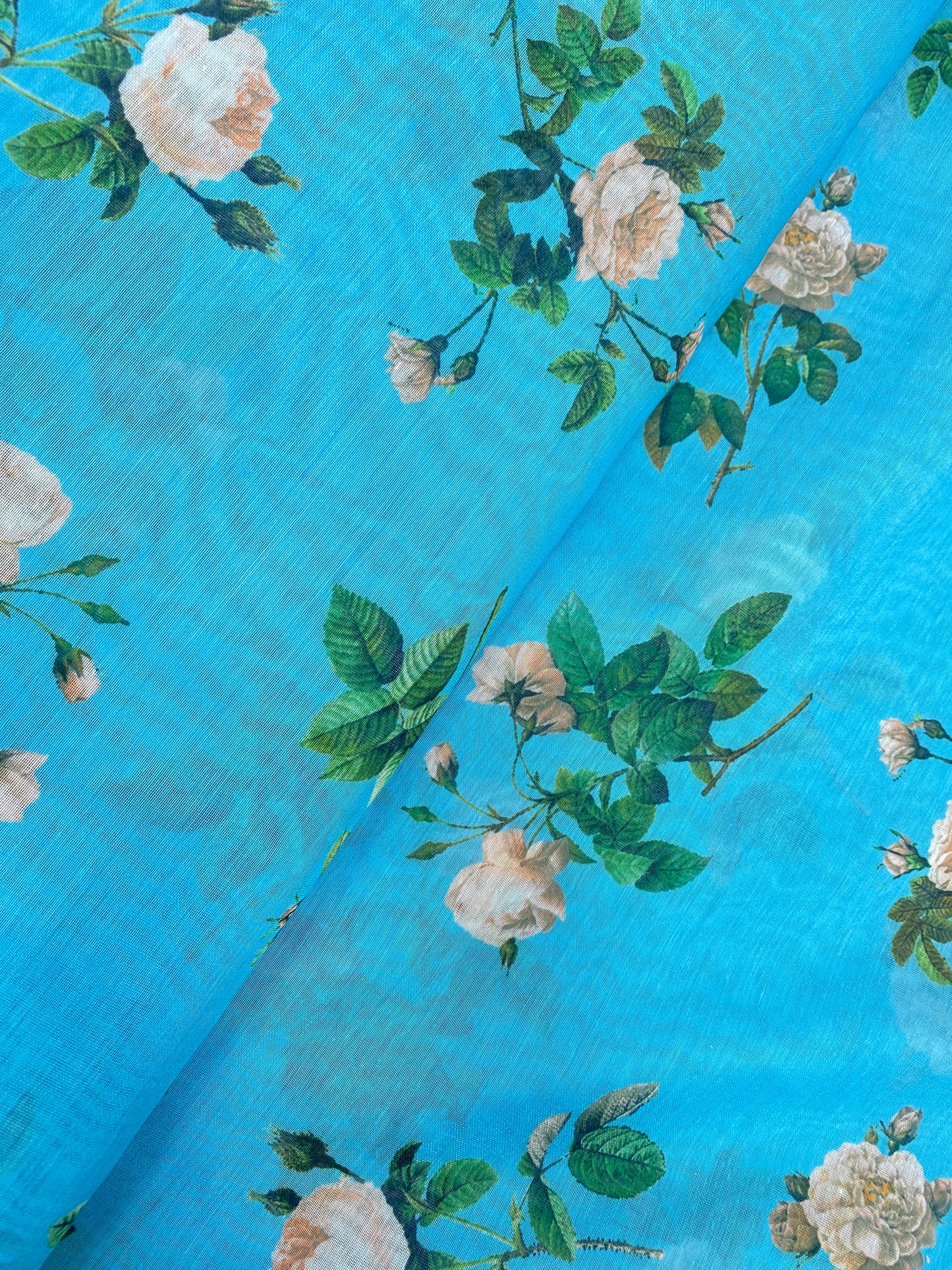 Beautiful Attractive Floral Print On Vibrant Blue Color Chanderi Fabric