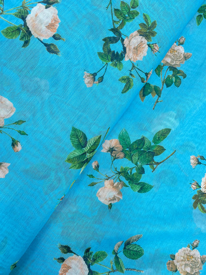 Beautiful Attractive Floral Print On Vibrant Blue Color Chanderi Fabric
