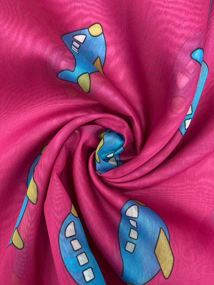 Exciting Fun Loving Unique Aeroplane Print On Chanderi Fabric