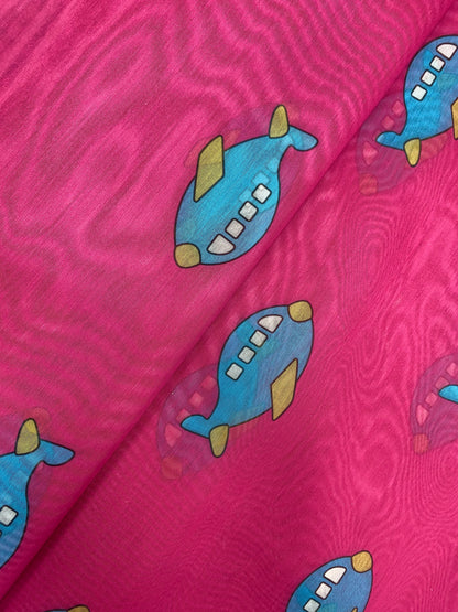 Exciting Fun Loving Unique Aeroplane Print On Chanderi Fabric