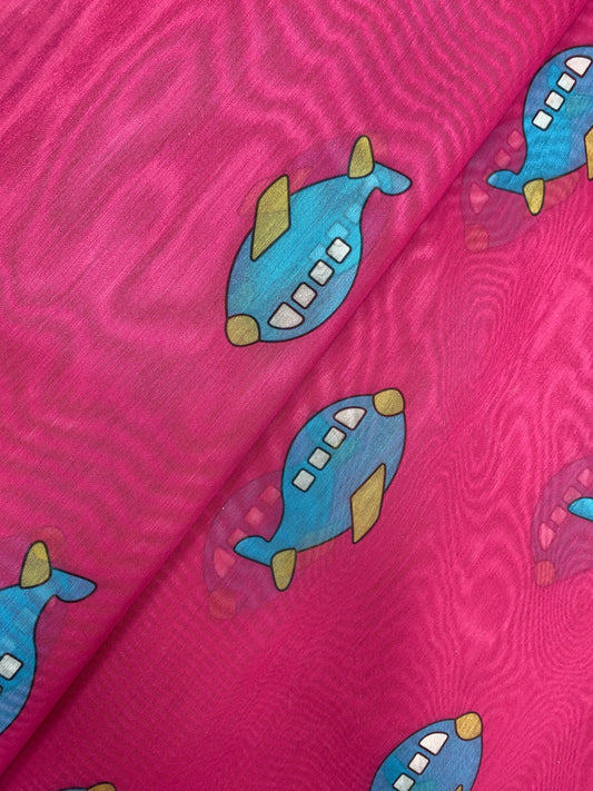 Exciting Fun Loving Unique Aeroplane Print On Chanderi Fabric