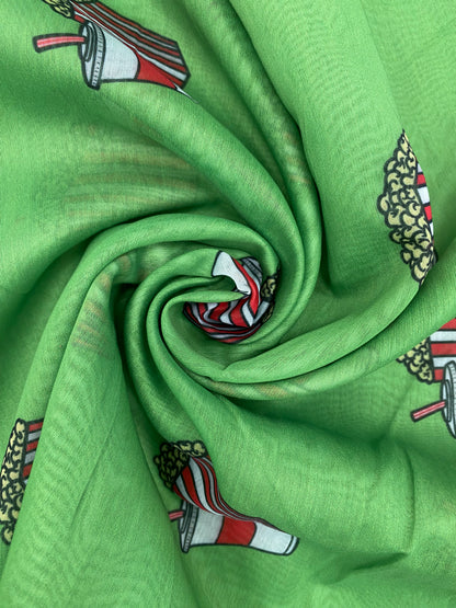 Attractive Unique Adorable Popcorn And Cold drink Print On Chanderi Fabric