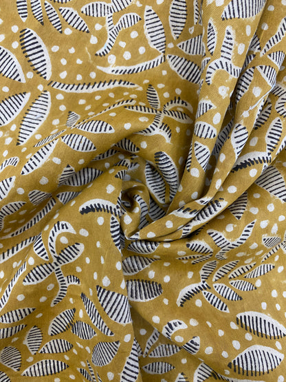 Attractive Gorgeous Black And White Leafy Print On Mehndi Colored Chanderi Fabric