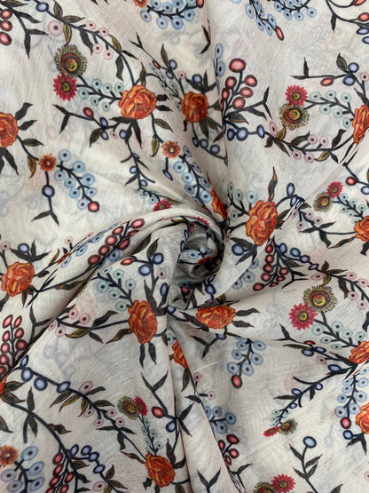 Beautiful Pretty Dainty Little Floral Prints On White Chanderi Fabric