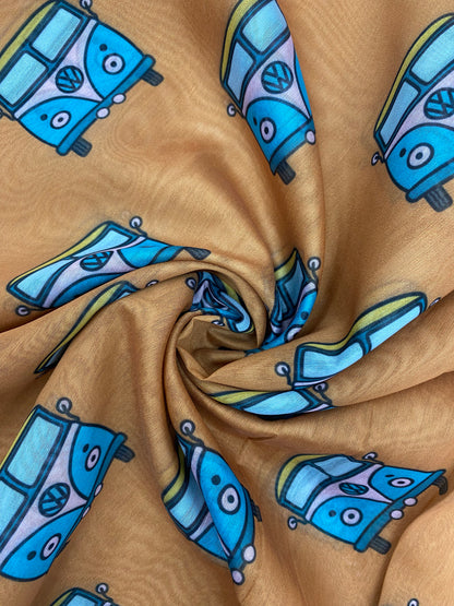 Eye Catching Fun Loving Bus Prints All Over Premium Chanderi Fabric