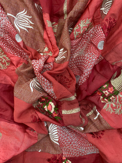 Maroon And Red Embroidery Patchwork With Golden Thread Embroidery On Cotton Fabric