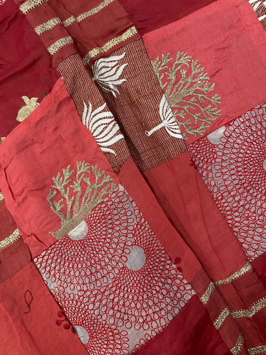 Maroon And Red Embroidery Patchwork With Golden Thread Embroidery On Cotton Fabric