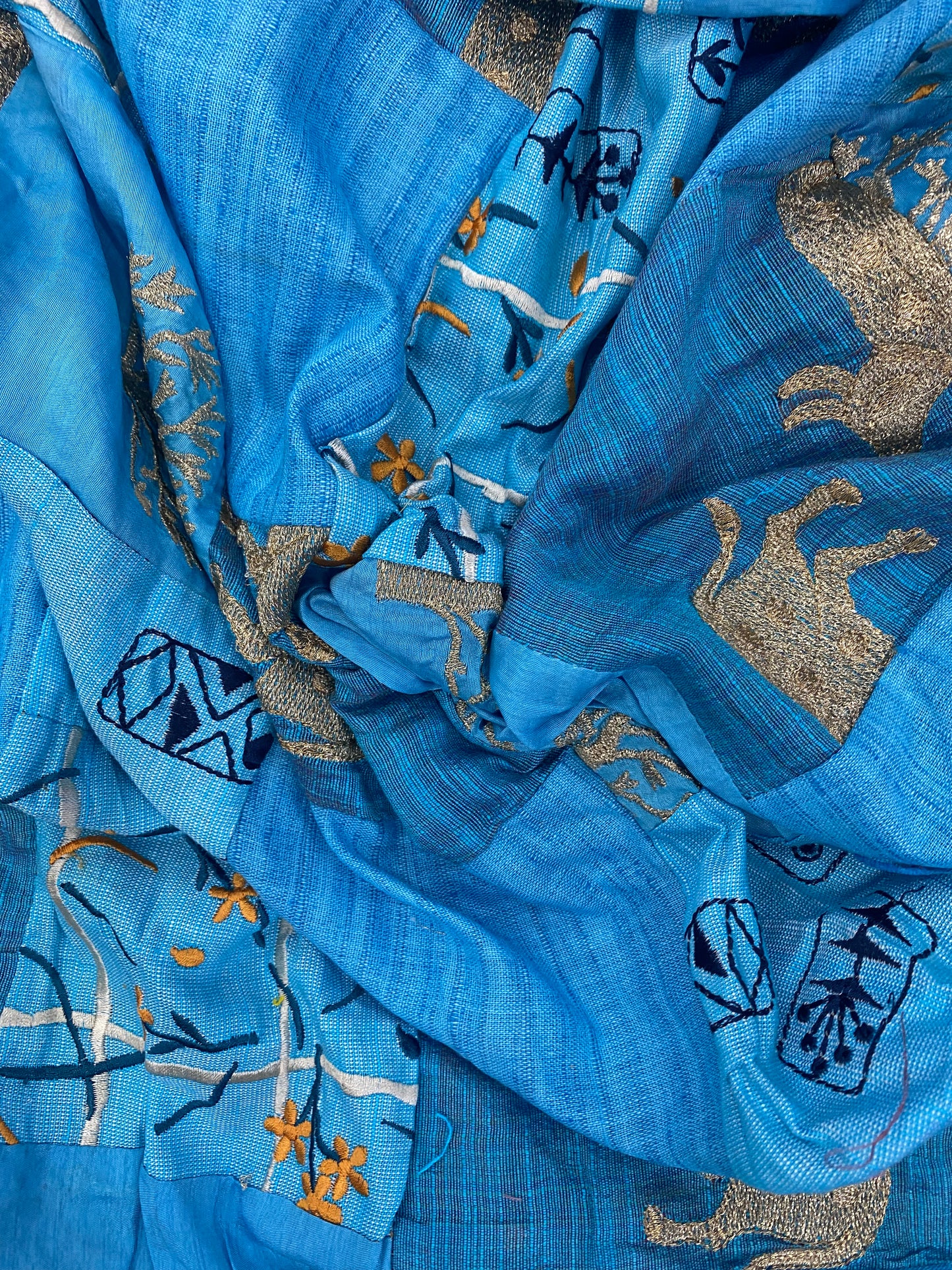 Sea Blue And Sky Blue Patchwork With Thread Embroidery And Zari Work On Cotton Fabric