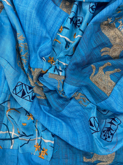 Sea Blue And Sky Blue Patchwork With Thread Embroidery And Zari Work On Cotton Fabric