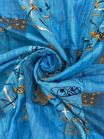 Sea Blue And Sky Blue Patchwork With Thread Embroidery And Zari Work On Cotton Fabric