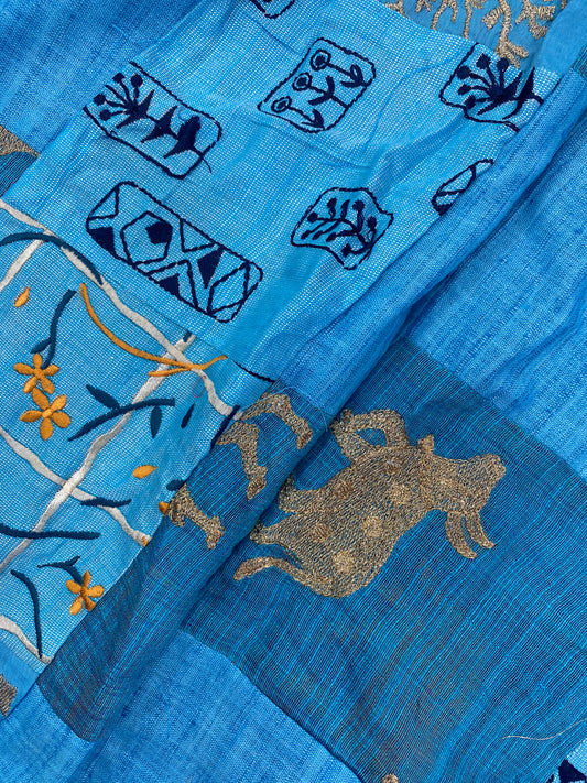 Sea Blue And Sky Blue Patchwork With Thread Embroidery And Zari Work On Cotton Fabric