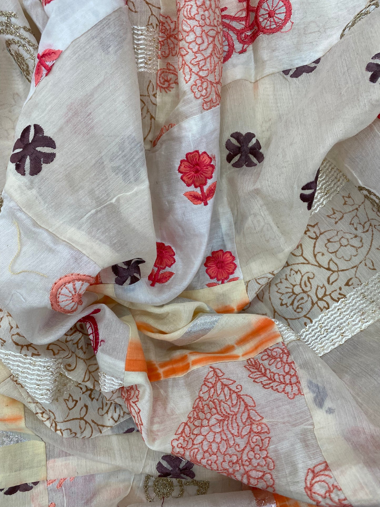 Beautiful Off White Patchwork With Floral And Cycle Thread Embroidery On Cotton Fabric