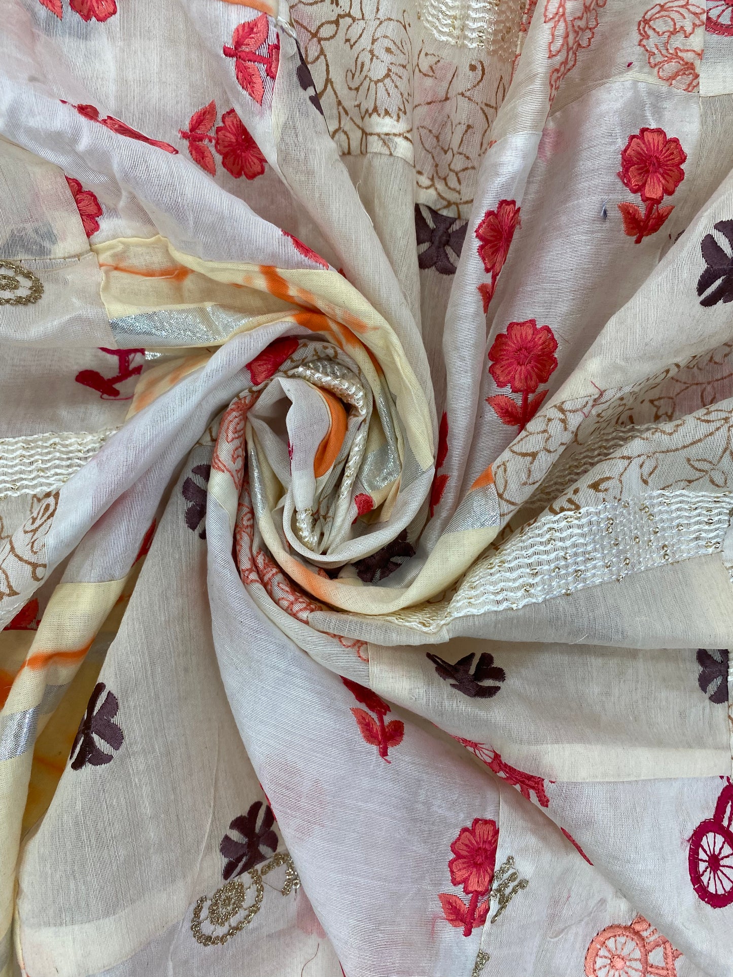 Beautiful Off White Patchwork With Floral And Cycle Thread Embroidery On Cotton Fabric