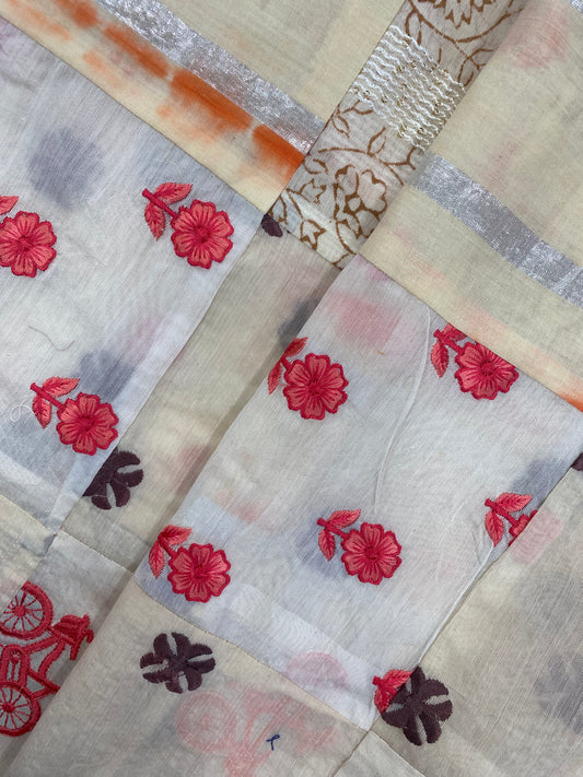 Beautiful Off White Patchwork With Floral And Cycle Thread Embroidery On Cotton Fabric