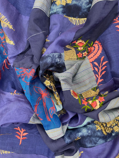 Purple And Blue Patchwork With Floral Embroidery And Zari Work On Cotton Fabric