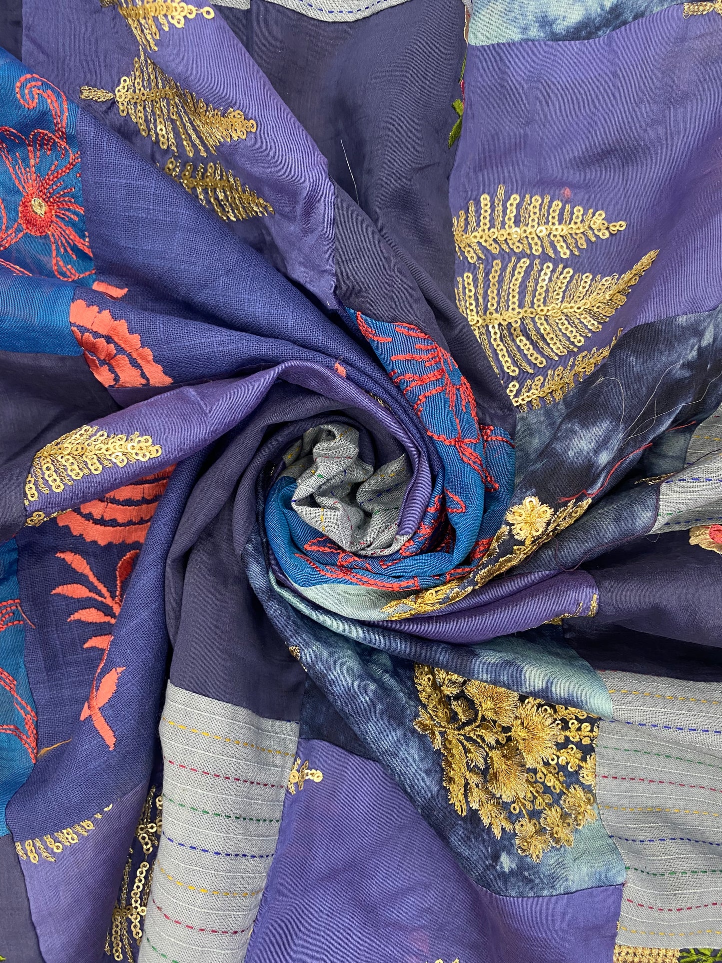 Purple And Blue Patchwork With Floral Embroidery And Zari Work On Cotton Fabric