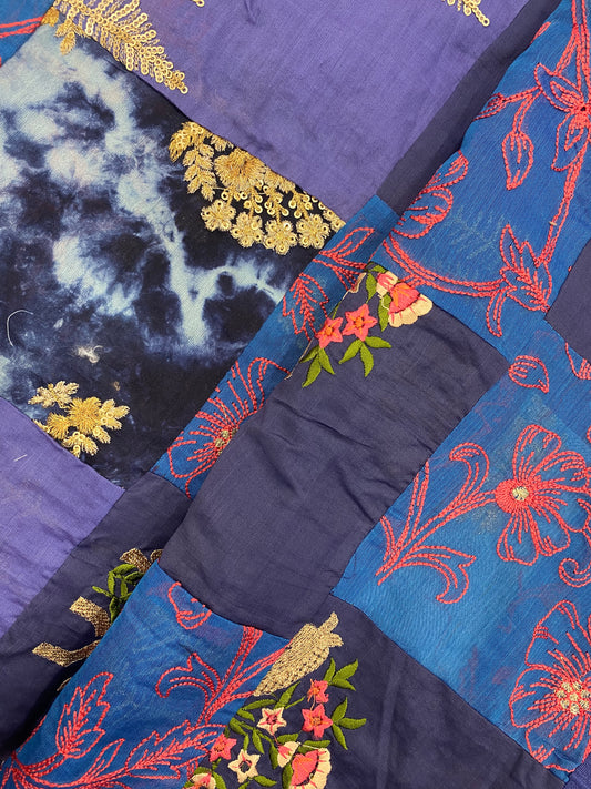 Purple And Blue Patchwork With Floral Embroidery And Zari Work On Cotton Fabric