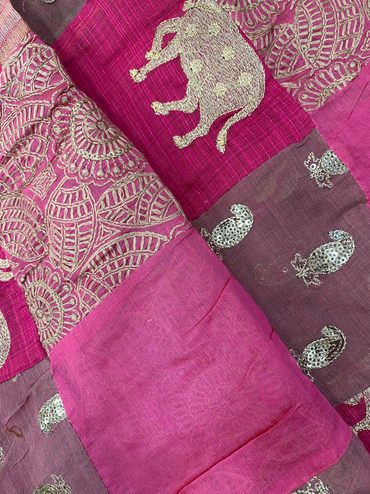 Pink And Purple Patchwork With Thread Embroidery And Paisley Sequin Work On Cotton Fabric