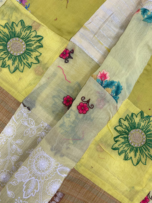 Yellow And Lime Yellow Patchwork With Different Colored Thread Embroidery And Premium Zari Work On Cotton Fabric