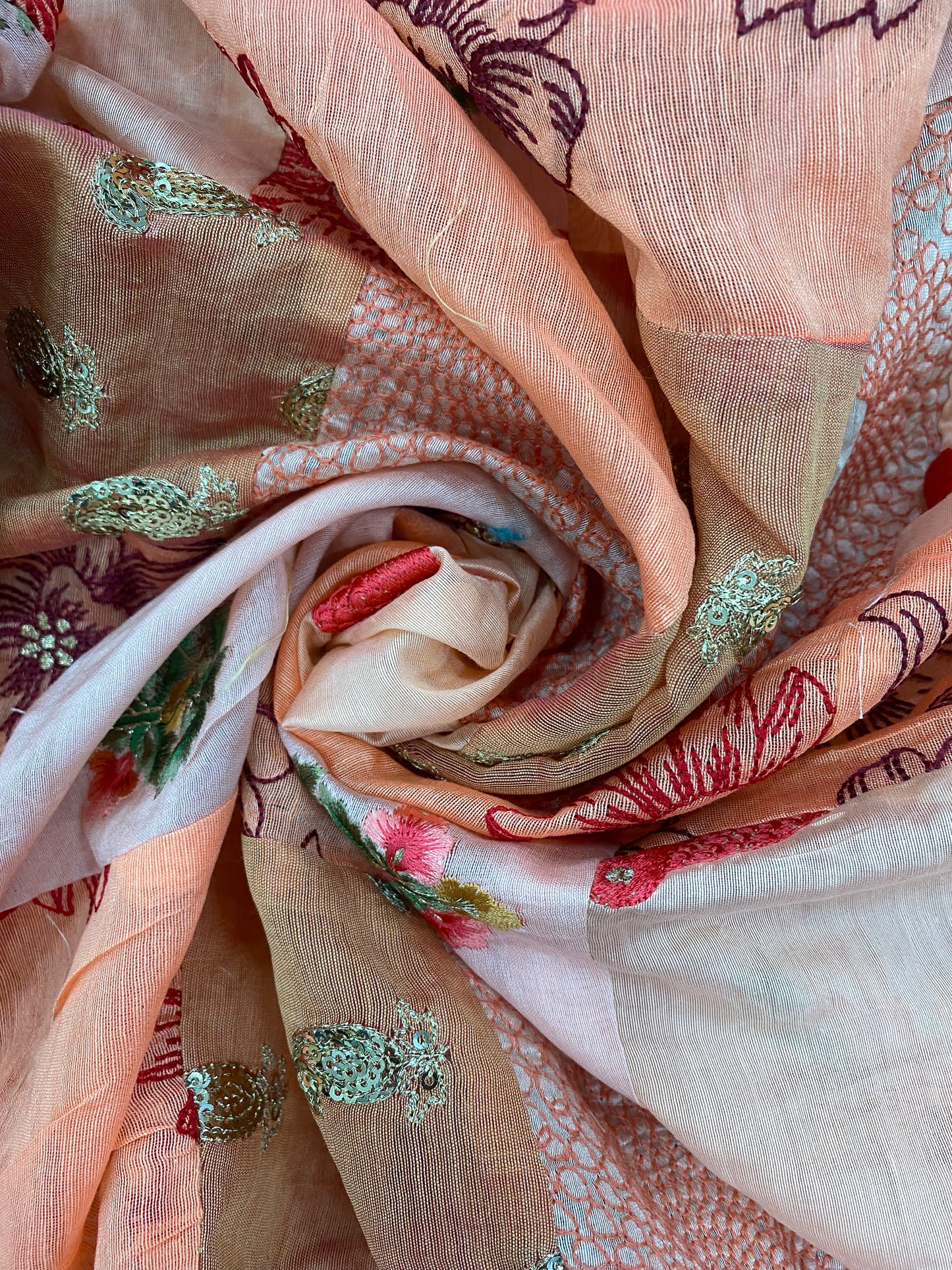 Peach And Off White Patchwork With Premium Thread Embroidery And Zari And Sequin Work On Cotton Fabric